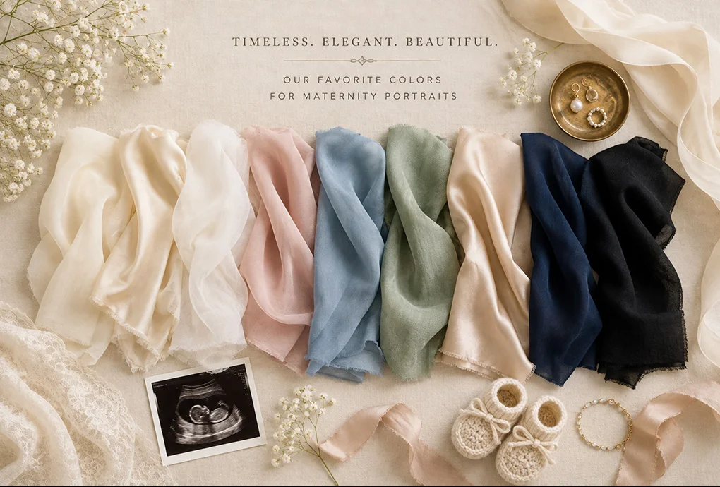 Houston Maternity Photographer Luxury color palette featuring elegant fabric swatches and maternity styling inspiration for Houston studio maternity portraits