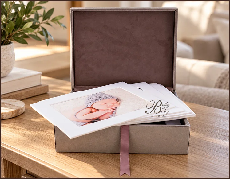Newborn heirloom portrait prints displayed in an open taupe keepsake box on a wooden table in a warm, neutral home setting. Newborn heirloom portrait prints displayed in an open taupe keepsake box on a wooden table in a warm, neutral home setting.